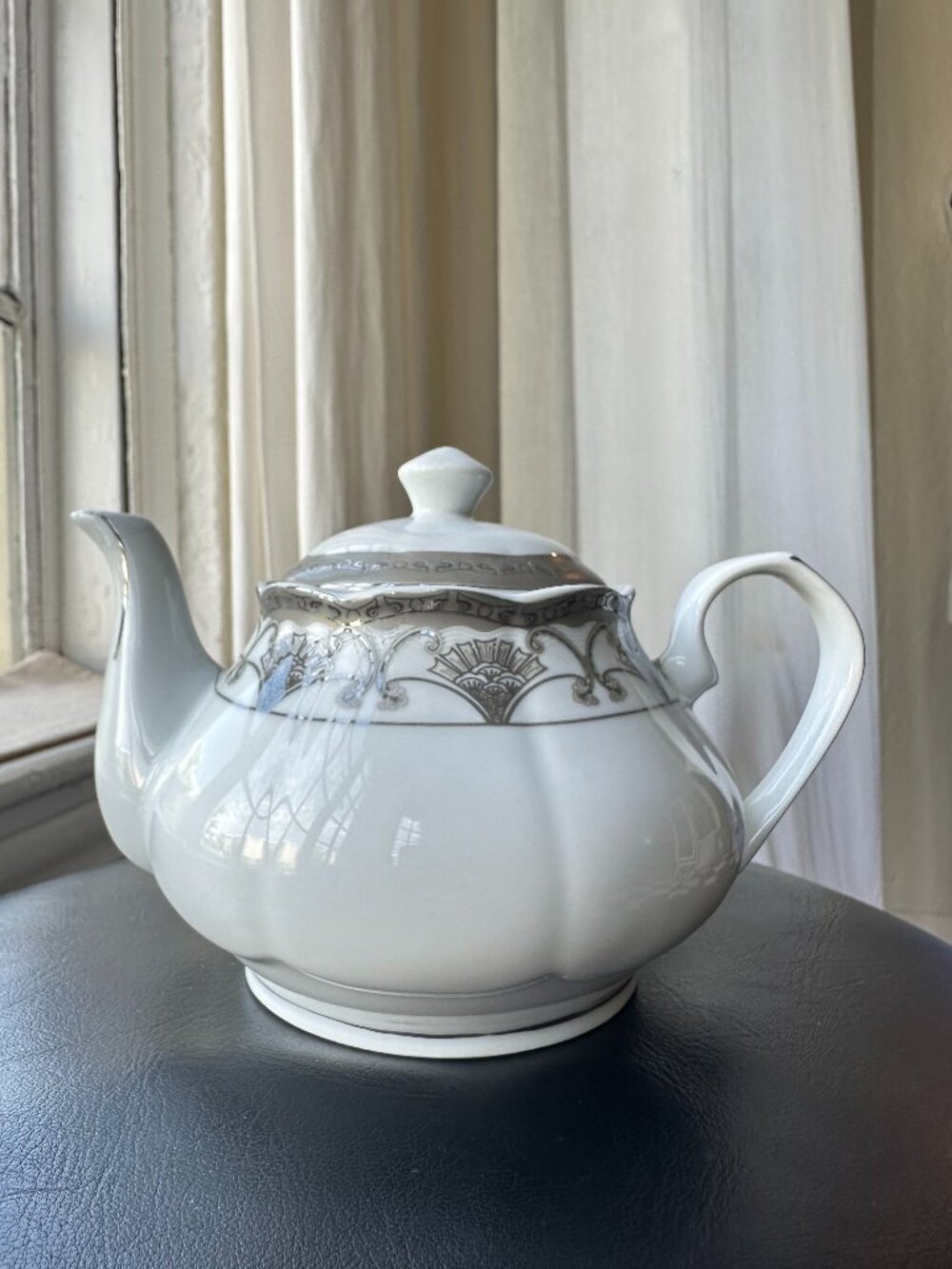 Vintage G S Fine Porcelain German Design Teapot Silver Gray Fan Pattern